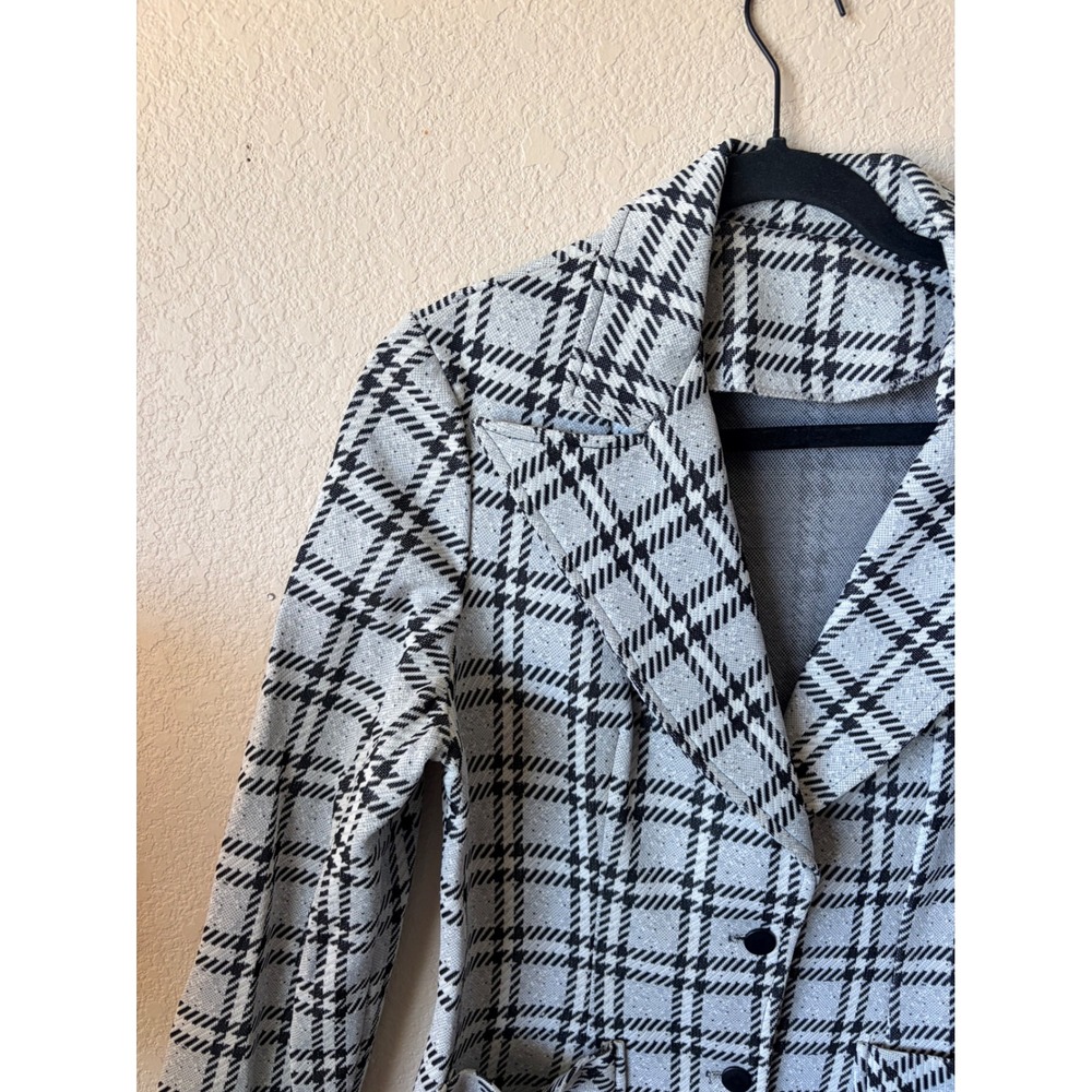 Vintage Black White Plaid Knit Blazer  Jacket Wide Lapel Patch Pockets Womens - Picture 3 of 8